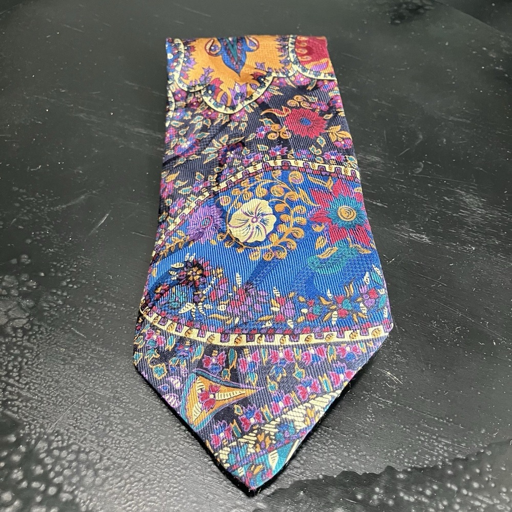 Bolgheri Italy Silk Necktie Blue Purple Gold Floral Paisley Medallion Luxury VTG